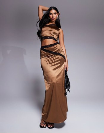 co-ord contrast lace trim one shoulder crop top and maxi skirts in brown