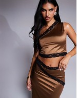 co-ord contrast lace trim one shoulder crop top and maxi skirts in brown